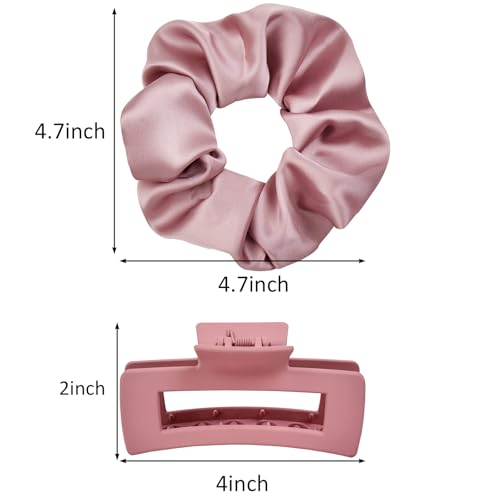8pcs Claw Clips and Hair Scrunchies Set – 4 Square Hair Clips for Women, Medium Non-Slip Matte, 4 Large Satin Scrunchies, Hair Accessories for Thick Thin Hair, Party, Daily Use – Dusty Pink - color: Dusty Mauve Rose