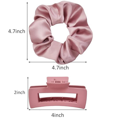 8pcs Claw Clips and Hair Scrunchies Set – 4 Square Hair Clips for Women, Medium Non-Slip Matte, 4 Large Satin Scrunchies, Hair Accessories for Thick Thin Hair, Party, Daily Use – Dusty Pink - color: Dusty Mauve Rose