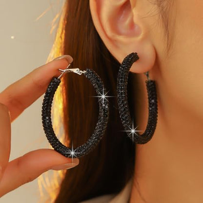 Large Gold Rhinestone Hoop Earrings Silver Sparkly Big Hoop Earrings for Women Black Earring Bling Chunky Silver Hoops 60mm Trendy Statement Earring for Women Bling Hoop for Prom Wedding Party Chunky Jewelry - style: Black Hoops 60mm