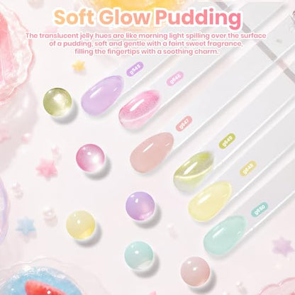 Beetles Jelly Gel Nail Polish Set, 6 Colors Pastel Cat Eye Gel Polish | Blue Purple Yellow Green Glitter Gel with Magnet Sticker Soak Off UV Gel Nail Art Salon DIY at Home Gift for Women - color: Soft Glow Pudding