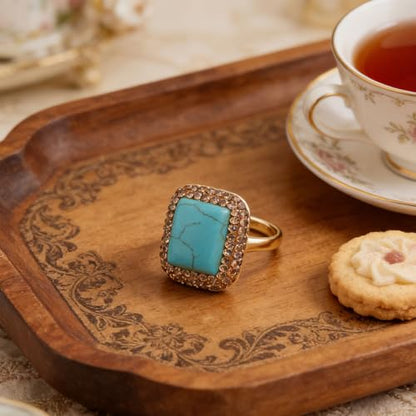 HZMAN Natural Stone Statement Ring for Women, Crystal Paved Bold Cocktail Ring, Adjustable Gold Tone Fashion Jewelry - color: Turquoise Square
