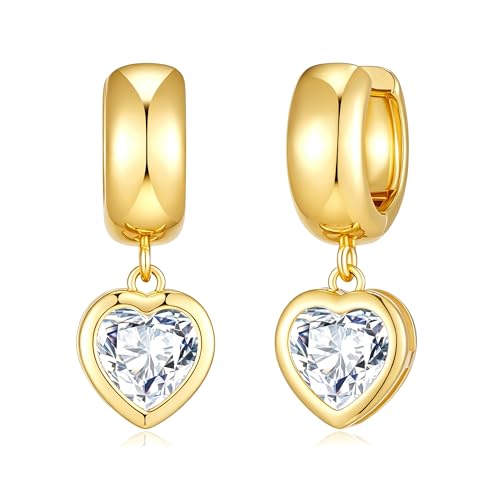 Gold Dangle Earrings for Women 14K Gold Plated Chunky Huggie Hoops Drop Earring Trendy Cubic Zirconia Diamond Crystal Round Teardrop Heart Charm Hypoallergenic Statement Jewelry Gifts - color: gold-heart CZ