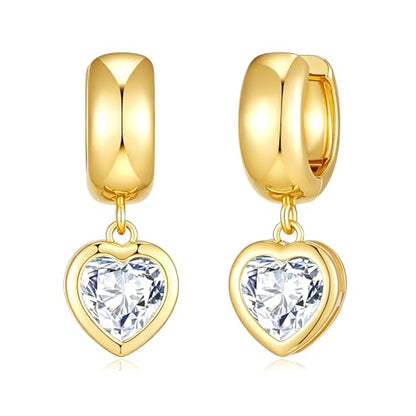 Gold Dangle Earrings for Women 14K Gold Plated Chunky Huggie Hoops Drop Earring Trendy Cubic Zirconia Diamond Crystal Round Teardrop Heart Charm Hypoallergenic Statement Jewelry Gifts - color: gold-heart CZ