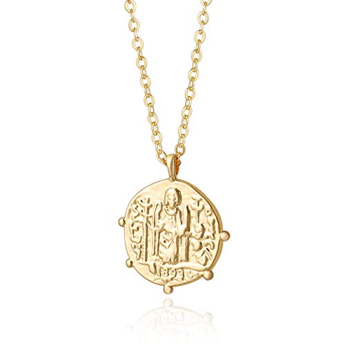 Aobei Pearl 18K Gold Plated Moon Star Lion Evil Eye Love Heart Cross Pendant Necklace Medallion Paperclip Chian Choker Layering Jewery for Women - color: Golden Coin