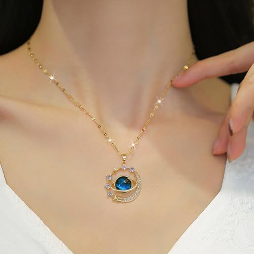 Gold Moon Star Pendant Necklace, Celestial Design with Gemstone, Great Jewelry for Women Daily Wear