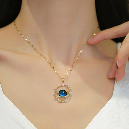 Gold Moon Star Pendant Necklace, Celestial Design with Gemstone, Great Jewelry for Women Daily Wear