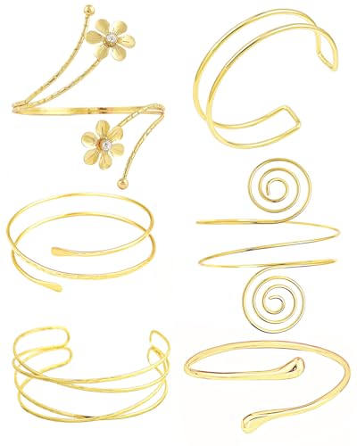 Minimalist Gold Arm Cuff Bracelet Upper Arm Band Cuff Bangle for Women Adjustable Armband Set 6 Pieces - color: 6pc A
