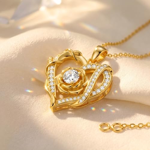 KQ&TTENG Heart Necklaces for Women 14K Gold Plating Hearts Necklace CZ Romantic Rose Pendant Mothers Day Anniversary Birthday Gift for Wife Mom Her - style: 12-Rose Ribbon Necklace
