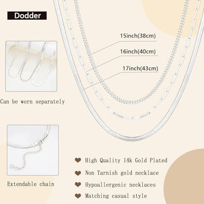 Gold Layered Necklaces for Women, 14K Gold Plated Dainty Gold Chain Choker Necklace Stack, Herringbone Gold Necklaces Set - color: silver-3-Snake