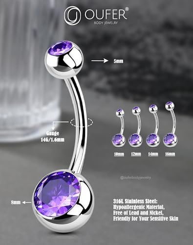 OUFER Belly Button Rings Surgical Steel, Internally Threaded Belly Rings | 14G Belly Piercing Jewelry, 10/12/14/16mm Beachy Belly Button Rings, Silver/Gold Navel Piercing Jewelry For Women Men - color: Purple, size: 14G 12MM