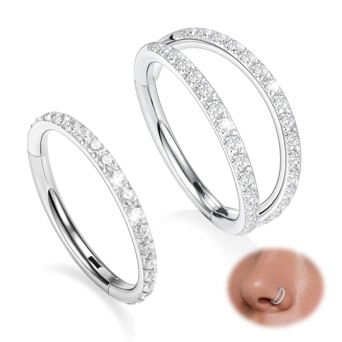 GAGABODY 2 Pcs Nose Rings 22G 20G 18G 16G 14G 12G 10G 8G Surgical Steel Piercing Rings for Nose Septum Cartilage Helix Tragus Conch Rook Daith Lobe from 5mm to 16mm Seamless Hoop Unisex Hinged Earrings - color: Silver-Single CZ+Double CZ