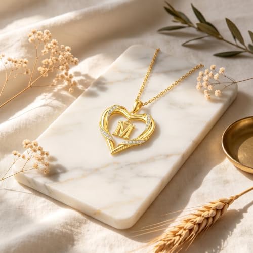 Midari 18K Gold Initial Letter Necklace for Women 18K Gold Initial Heart Capital Monogram Necklace for Mom Wife Alphabets from A-Z - color: M