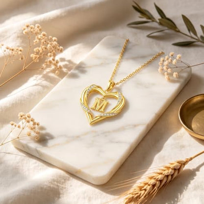 Midari 18K Gold Initial Letter Necklace for Women 18K Gold Initial Heart Capital Monogram Necklace for Mom Wife Alphabets from A-Z - color: M