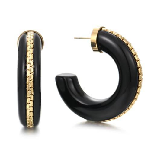 Gold Plated Resin Chunky Hoop Earrings Hypoallergenic Push Back Hoops for Sensitive Ears - color: Black