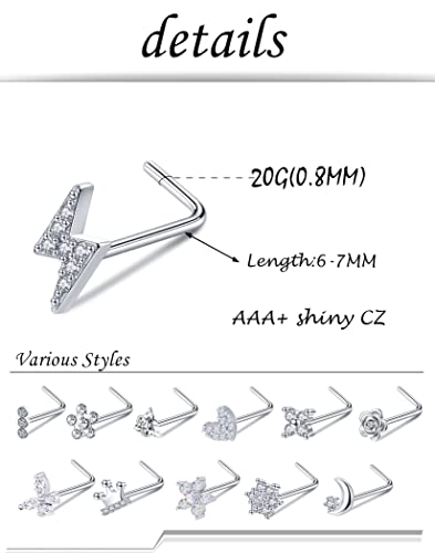 Akeoqi 12Pcs Nose Rings Stud L Shape Nose Rings Cubic Zirconia Butterfly Flower Eye Moon Crown Heart Lightning Shape Nose Studs Piercing Jewelry for Women Men Silver Gold Plated 20G - style: A:Crown