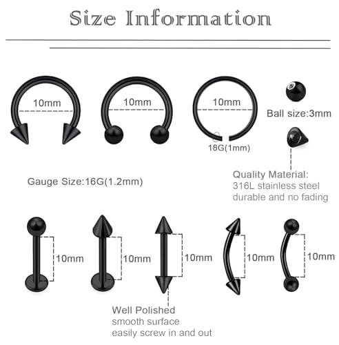 40Pcs Surgical Steel Lip Rings Labret Monroe Barbell Daith Tragus Helix Piercing Septum Nose Ring Eyebrow Body Jewelry for Women Men - color: Black