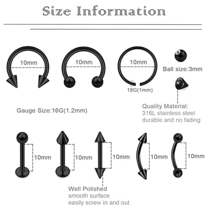 40Pcs Surgical Steel Lip Rings Labret Monroe Barbell Daith Tragus Helix Piercing Septum Nose Ring Eyebrow Body Jewelry for Women Men - color: Black
