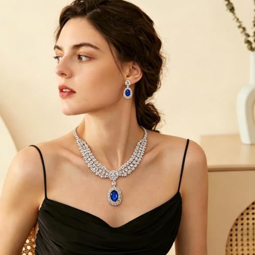 3-Piece Royal Blue Bridal Jewelry Sets Necklace Earrings Bracelet for Women Wedding Prom Accessories
