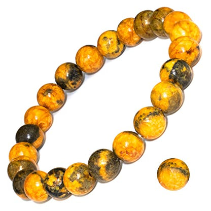 8mm Natural Crystal Stretch Bracelet | Handmade Round Stone Bead Bracelet, Runs Large, Meditation Yoga Gift for Women & Men - color: Bumblebee Jasper