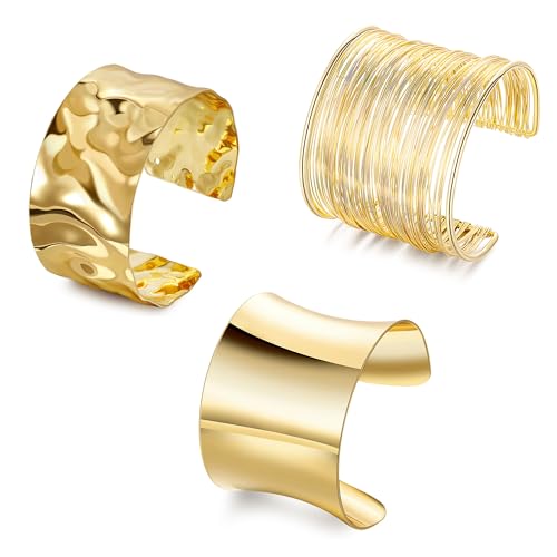 3Pcs Chunky Gold Cuff Bracelets Open Wide Bangle Bracelets Set for Women Minimalist Irregular Bracelet Statement Wrist Cuff Wrap Bracelet Jewelry - style: styleC gold