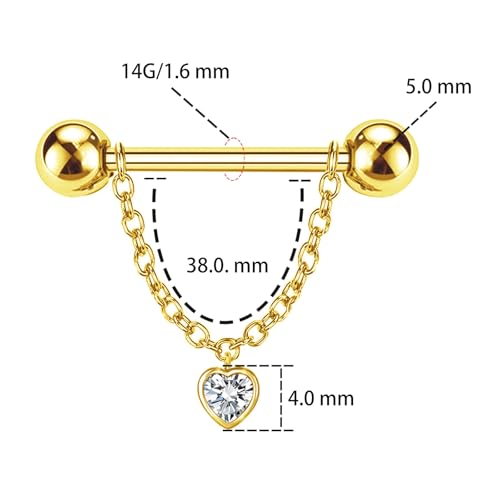 14G Nipple Rings for Women 316L Stainless Steel Dangle Nipple Barbell Nipple Studs Rings Nipple Piercing Jewelry - color: gold heart