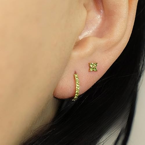 QueenBee 14K Gold Plated Ivy Flower Birthstone Stud Earrings for Women Dainty Floral Gemstone Studs Unique Jewelry Gift for Her - color: Aug-Peridot