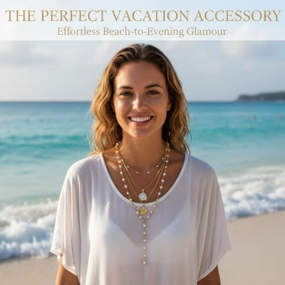 Gold-plating Necklaces for Women, Pearl Seashell Flower Pendant Necklace, Boho Lariat Long Necklace Set, Trendy Summer Beach Jewelry - color: Gold 1