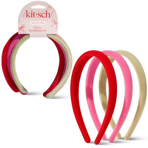 Kitsch Velvet Headbands for Women & Girls - Pink, Red & Green, 3pcs | No-Slip, Comfortable, Lightweight & Gentle on Hair – Ideal Hair Accessories for Everyday Looks - color: Red, Pink & Green