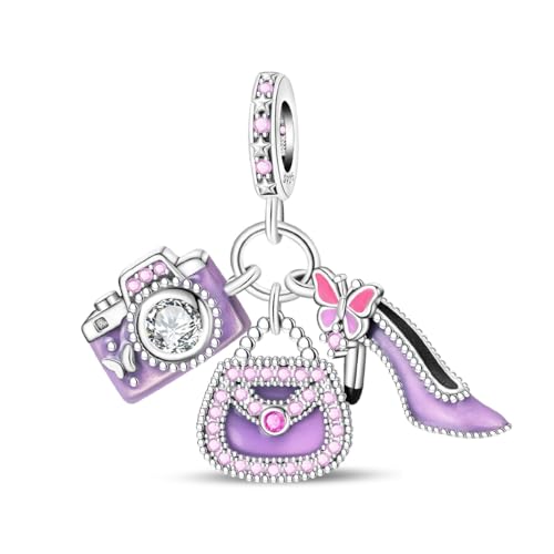 Charm for Bracelets and Necklaces Heart Cat Flower Boy 925 Sterling Silver Bead Birthday Jewelry Gift for Women - color: Purple Camera Bag and High Heels Triple Charms
