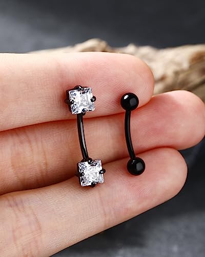 2pcs 16g Small Size Belly Button Rings Pack Surgical Steel Square AAA CZ Curved Barbell Navel Rings New - color: black