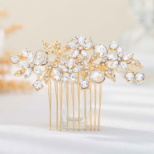 Olbye Rhinestone Crystal Bridal Headpiece - Flower Hair Comb, Clips for Brides, Bridesmaids, and Women (Gold) - color: Gold