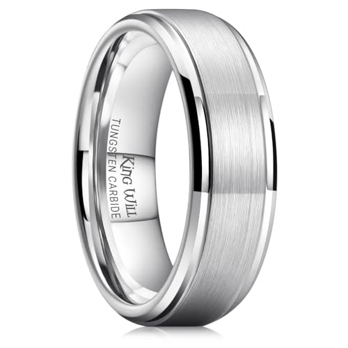 King Will Classic Tungsten Wedding Band for Men, 6/7/8/9/10mm Widths, Polished Finish Step Edge Matte Rings Comfort Fit - color: A-silver 7mm
