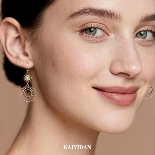 Boho Turquoise Dangle Earrings For Women Trendy,Western Blue Gemstone Drop Earings,Vintage Gothic Ethnic Statement Beach Vacation Long Birthstone Earrings with Leaf Teardrop Turquoise Crystal Tassels,Fashion Jewelry Birthday Gift. - style: A8 Hoops Bronze