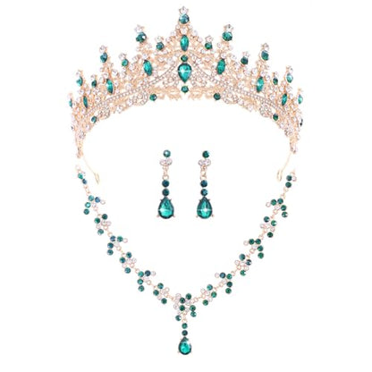 Crystal Crown and Tiara Jewelry Set for Women Bride with Necklace Earrings | Metal Rhinestone Royal Queen Princess Jewelry Set Wedding Quinceanera Pageant Prom Birthday Halloween Party Costume Gift - color: Green