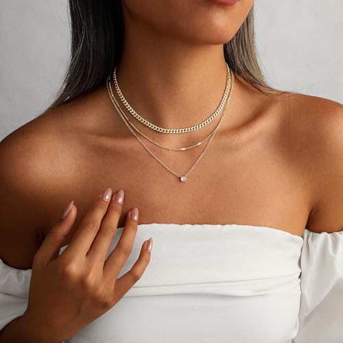 Coshilta Layered Gold Necklaces for Women, 14K Plated Gold Sterling Silver Plated Dainty Pendant Necklace Set with Cubic Zirconia,Stackable Chain Choker,Trendy Personalized Jewelry Gift Non Tarnish - style: C-N0548-CZ