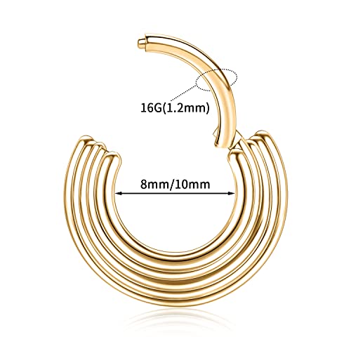 FUNLMO 18G 16G Septum Jewelry Triple Stacked Septum Nose Ring Surgical Steel Daith Conch Helix Cartilage Lobe Piercing Jewelry - color: Style 2: Gold-5 tier stack