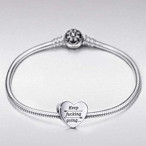Heart Charm Fit for Pandora Charms Bracelet Inspirational Engraving Jewelry Personality Encouragement Gifts for Women - style: Keep Fvck Going