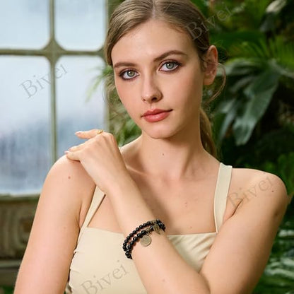 Bivei Natural Semi Precious Gemstone beads bracelet for women - Life Tree and Leaf Charm Energy Reiki Crystal Stretch Bracelets - color: Black Tourmaline Bracelet Set, size: Medium:6.8-7.24inch