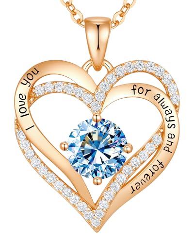 CDE S925 Silver Engraved Forever Love Heart Birthstone Necklaces for Women | 5A CZ,Hypoallergenic,Nickel-Free & Lead-Free Pendant,Anniversary Christmas Wedding Birthday Gift for Wife Girlfriend - color: 03-Mar, style: Rose Gold Plated