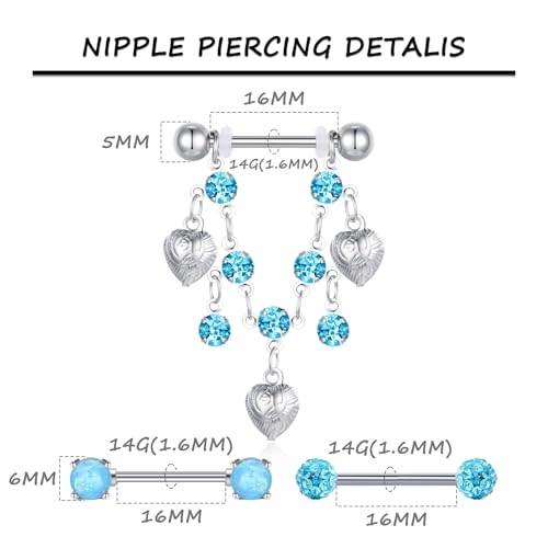 AceFun 5 Pairs 14G Nipple Rings Stainless Steel Heart Butterfly Bow Opal Flower CZ Stud Barbell Set Cute Nipplerings Shields Piercing Jewelry for Women Pink Blue Red Tone Body Jewelry - color: Blue