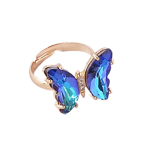 COLORFUL BLING Adjustable Elegant Transparent Crystal 3D Butterfly Rings for Women Aesthetic Gold Plated Cute Animal Insect Open Finger Cuff Ring Birthday Valentine Gifts - color: transparent dark blue