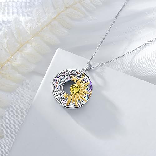 AOBOCO 925 Sterling Silver Moon Sun Star Necklace Celtic Jewelry for Women Girls - color: Circle Crystal-Purple Color