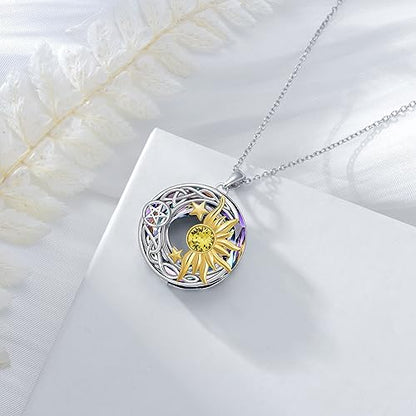 AOBOCO 925 Sterling Silver Moon Sun Star Necklace Celtic Jewelry for Women Girls - color: Circle Crystal-Purple Color