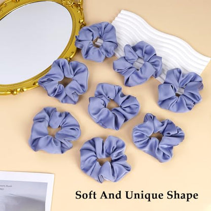 Satin Scrunchies for Women – 8PCS Blue Silk Hair Ties – No Crease, Frizz-Free, Gentle Elastic Hair Bands for Thick & Thin Hair, Soft & Stylish Hair Accessories Gifts - color: Large-Blue