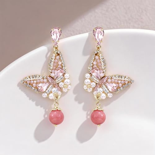 Fringe Dangling Tassel Earrings for Women, Handcrafted Chandelier Long Bohemian Beaded Cubic Zirconia Crystal Imitation Pearls Inlay Statement Boho Chain Hook Earrings for Wedding Party - color: Pink White Drop