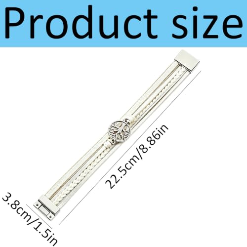 Tree of Life Multilayer Faux Leather Wrap Bracelet, Boho Braided Cuff Wristband with Metal Buckle, Spiritual Layered Bangle Jewelry Gift for Women Girls (White)