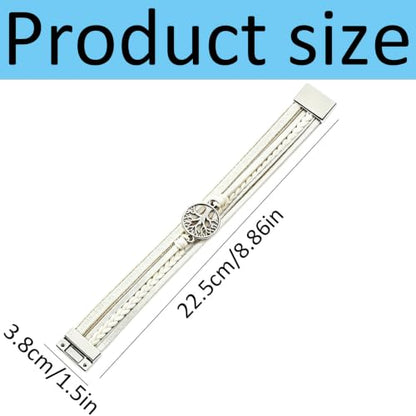 Tree of Life Multilayer Faux Leather Wrap Bracelet, Boho Braided Cuff Wristband with Metal Buckle, Spiritual Layered Bangle Jewelry Gift for Women Girls (White)