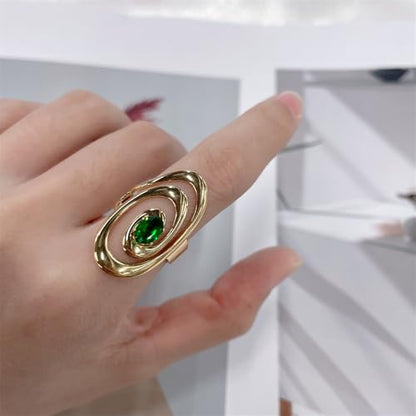 Vintage Green CZ Oval Statement Adjustable Open Rings for Women Stainless Steel Gold Plated Dainty Crystal Swirl Geometric Stackable Finger Band Rings Comfot Fit Fashion Trendy Jewelry