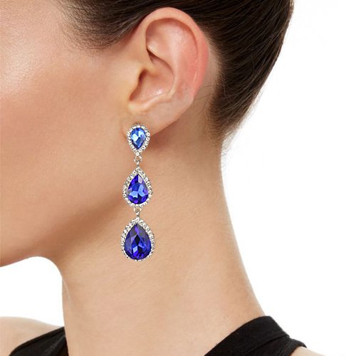 EleQueen Women's Crystal Teardrop Pear Shape 2.5 Inch Long Earrings | Dangle Earrings for Women, TearDrop Crystals Earrings for Bride Bridesmaid, Prom Jewelry for Wedding - color: 08-Sapphire