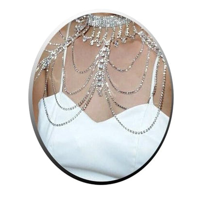 STONEFANS Bridal Rhinestone Shoulder Necklace Body Collar Jewelry Luxury Tassel Crystal Shoulder Harness Chain Wedding for Women - style: Silver Shoulder Necklace
